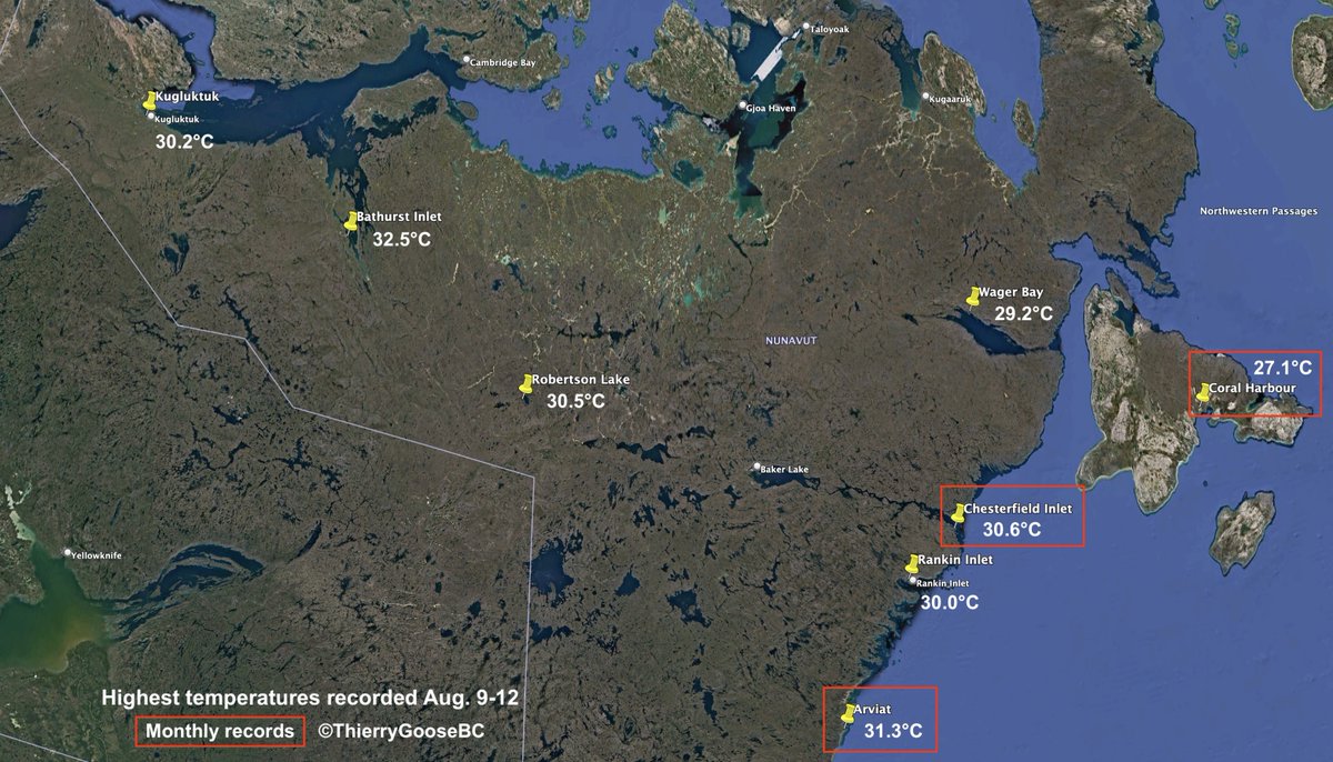 Canadian #Arctic #heatwave.

MONTHLY RECORDS in #Nunavut:
🌡️31.3°C Arviat
🌡️30.6°C Chesterfield Inlet
🌡️27.1°C Coral Harbour

ALSO:
🌡️32.5°C Bathurst Inlet
🌡️30.5°C Robertson Lake
🌡️30.2°C Kugluktuk (0.1°C from record)
🌡️30.0°C Rankin Inlet (0.5°C from record)
🌡️29.2°C Wager Bay