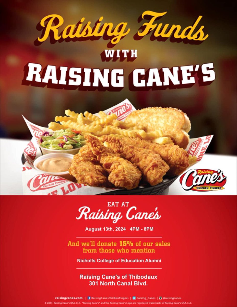 TheGrantOShow's tweet photo. Join us for a delicious fundraiser tomorrow at @raisingcanes in Thibodaux from 4-8 pm! 

Mention Nicholls College of Education Alumni and 15% of sales will be donated to our chapter! See y’all there! https://t.co/zNnN6BS13L