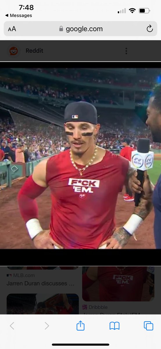 Dan_Shaughnessy's tweet image. After getting suspended for 2 games for aiming homophobic slur at Fenway fan, Jarren Duran chose to wear this shirt in his pregame presser today.