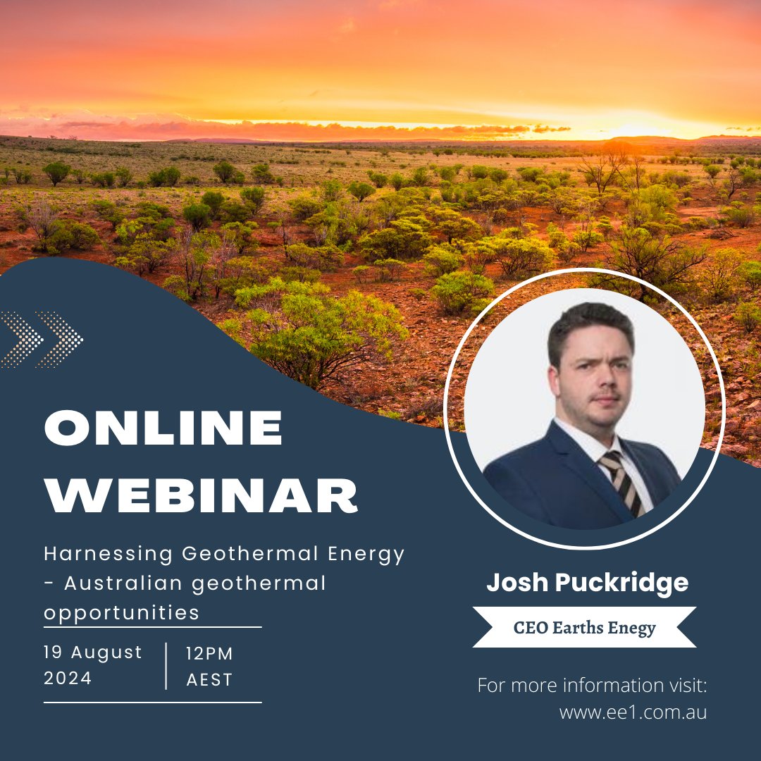 EarthsEnergyASX's tweet photo. Our CEO Josh Puckridge will take part in an online webinar on 19 August at 12 PM AEST to discuss #EE1's latest developments and the broader #geothermal energy industry and its appeal to investors: https://t.co/26l8BD6inv
Register here: https://t.co/TXUsLfViht https://t.co/T6uYpt10Ni
