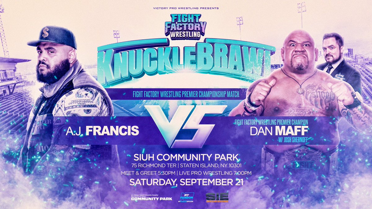 fightfactorynj's tweet photo. WE HAVE A FIGHT FACTORY WRESTLING CHAMPIONSHIP MATCH!! It's newly crowned champion @DannyMaff1 to go one on one with TNA's @AJFrancis410 ! #KnuckleBRAWL
Tickets on sale now!
https://t.co/ncdLOb6c8m https://t.co/Q9bqBYoUDq