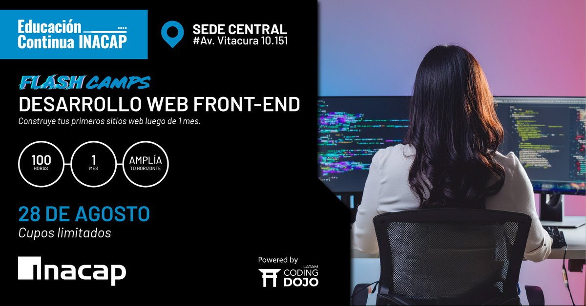 Inacapinos's tweet image. #EducaciónContinuaINACAP: Desarrolla tus habilidades en programación Front-End en tiempo récord. Domina las ramas principales del Desarrollo web (HTML, CSS, Javascript). Powered by #CodingDojo. Matrícula GRATIS y descuento exalumnos. 📲 Postula: bit.ly/3ylxClT