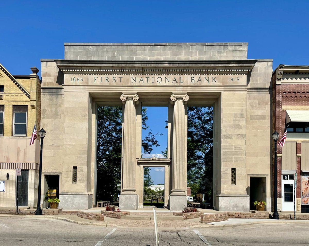 former bank in downtown Elkhorn turned into a grand archway for a small park