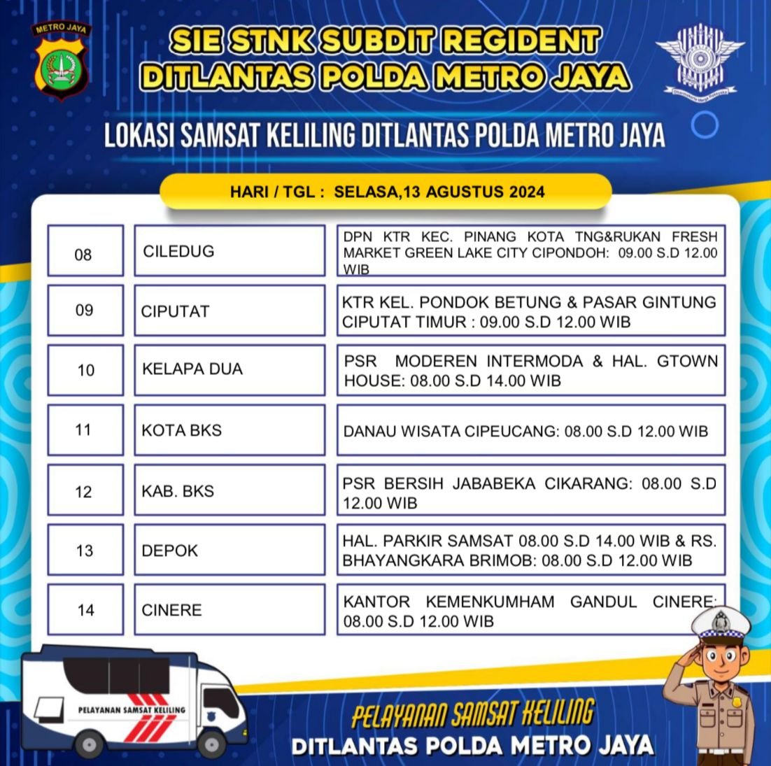 TMCPoldaMetro's tweet photo. Lokasi Pelayanan Samsat Keliling #SAMLING Dit Lantas Polda Metro Jaya, Selasa, 13 Agustus 2024. https://t.co/tGvQARNESU