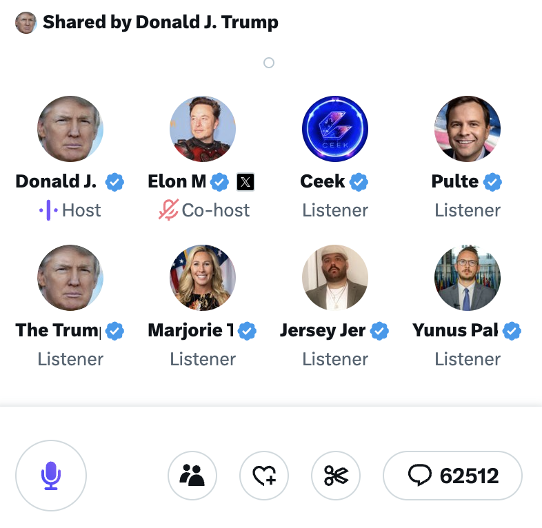 <a href="/realDonaldTrump/">Donald J. Trump</a> Trump x Elon Musk Spaces #TrumpMuskInterview