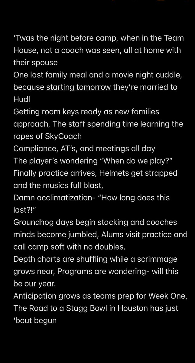 An Ode to Division 3 Football,

Camp is upon us. 

#EnglishMajorTurnedCoach
