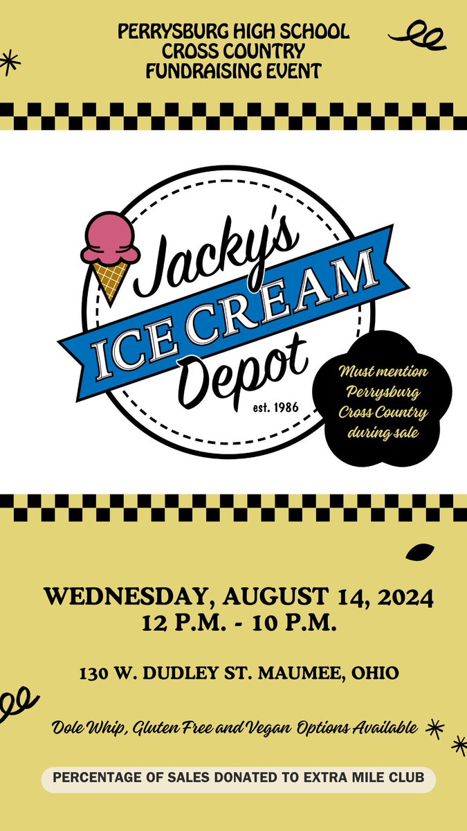Support #PerrysburgXC this Wednesday, August 14, 2024 from 12 p.m. to 10 p.m. at <a href="/jackysdepot/">Jacky's Depot</a>.

The store will donate a healthy portion of sales to the Extra Mile Club when you mention Perrysburg Cross Country.

Celebrate back to school with a scoop (or 3)!

#RunPerrysburg | ⚫️🟡