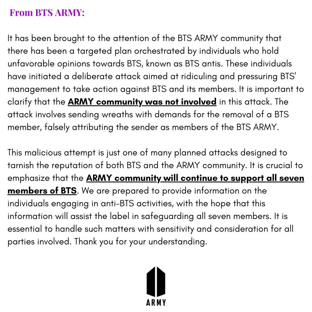 OnlyARMYChile's tweet photo. 🚨POR FAVOR DIFUNDIR ARMY

#BTSisSeven
#SugaStays
#ARMYdidNotSendWreaths https://t.co/CfG3ilhspz