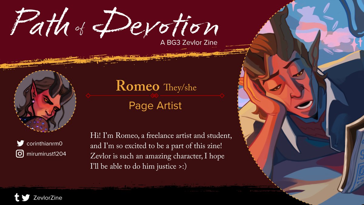 Our next contributor is the amazing artist Romeo! <a href="/corinthianrm0/">romeo</a>  The colours and lighting in their work is truly amazing. They join us as a page artist!

#zevlor #bg3