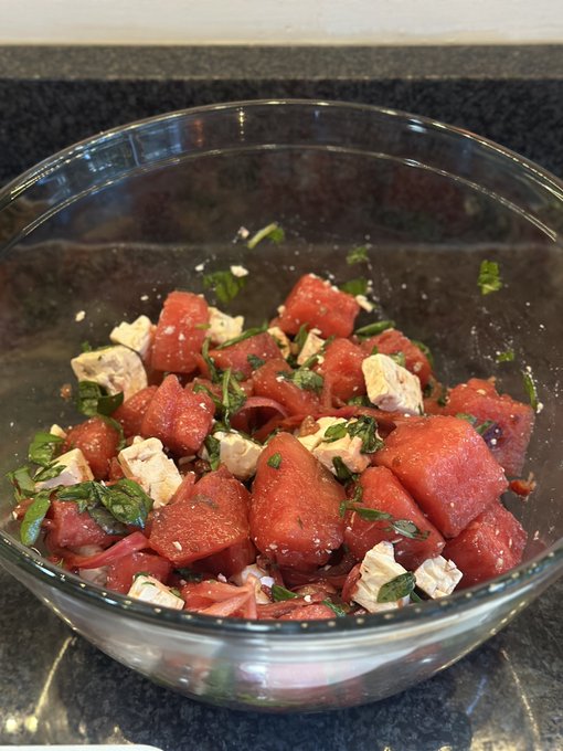 My Monday needed livening up. Enter dinner!  Yogurt-marinated chicken breasts, watermelon and feta salad