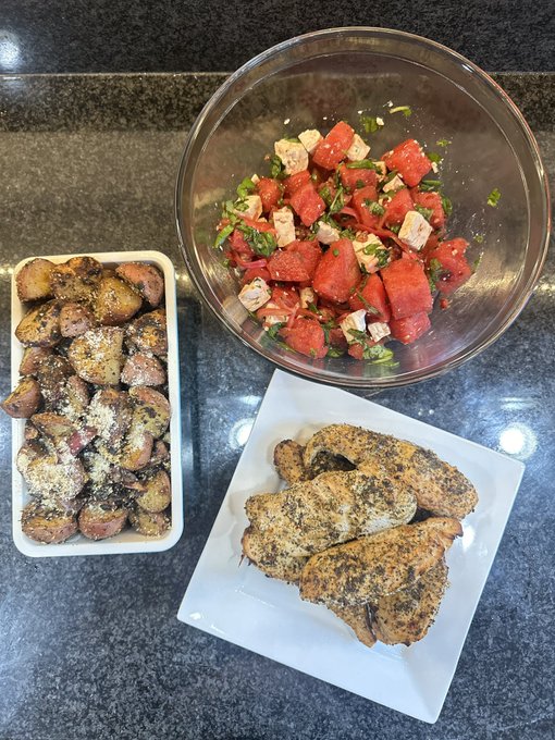 My Monday needed livening up. Enter dinner!  Yogurt-marinated chicken breasts, watermelon and feta salad