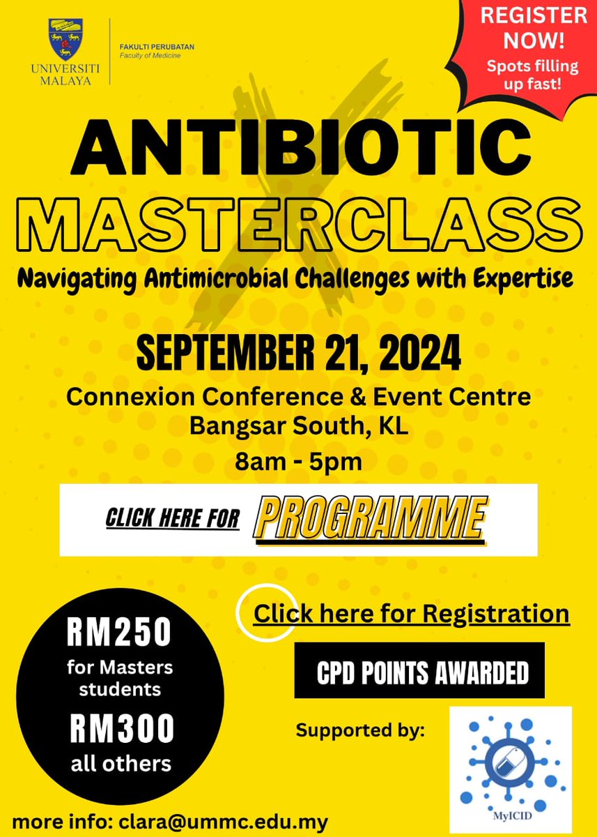 Mark your calendars! Join us for the UM Antibiotic Masterclass on 21st September. A day of insightful learning and discussions on the latest in antibiotic practices. Don’t miss out on this opportunity to enhance your knowledge in the field! Register here docs.google.com/forms/d/1ujLdD…