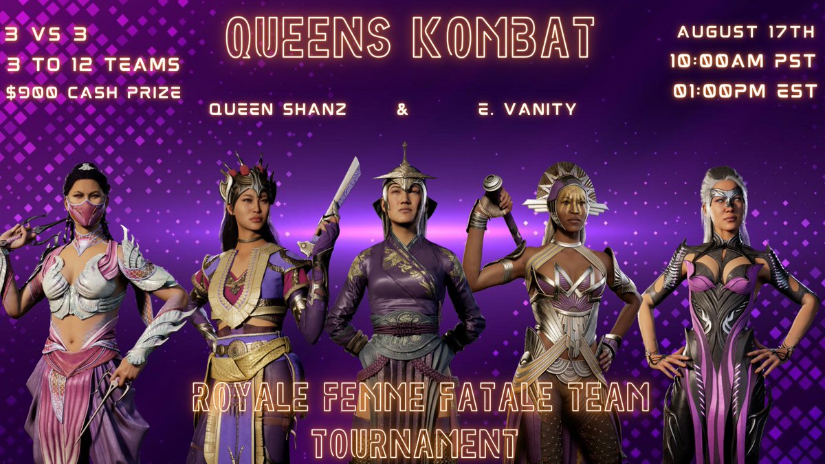 Shout Out To <a href="/nursejazzyttv/">Nurse Jazzy 💖</a> on the new event poster for The Queens Kombat Royale Femme Fatale Team Tournament #1 Co-Hosted By <a href="/queen_shanz/">🎀Queen_Shanz🎀</a> &amp; <a href="/a_vanityxoxo/">STG l E.Vanity🌹</a> Brackets Close 8/15 Event Is 8/17 &amp; Will Begin Our Doubleheader Event Check The Comments For Sign Up Details
