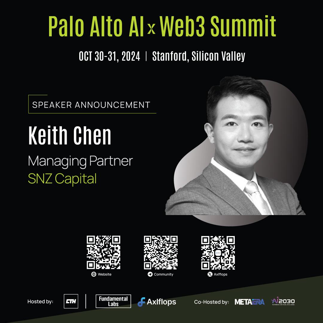 Meet Keith Chen at the Palo Alto AI &amp; Web3 Summit 2024!

Keith is a Founding Partner at SNZ Holding with extensive experience since early Bitcoin mining in 2011. He has guided SNZ through over 200 projects across pre-seed to Series A stages. Keith holds a Ph.D. from the US and
