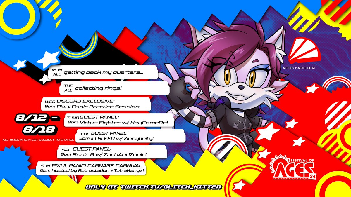 VoidFeline's tweet photo. #FestivalofAGES24 stream schedule is up!~
Wed: Discord ONLY! Pixul Panic Practice Session
Thurs: Virtua Fighter w/ @HeyHCO 
Fri: ILLBLEED w/ @ZinnyFinity 
Sat: Sonic R w/ @ZachandZonic 
Sun: Pixul Panic - Carnage Carnaval w/ @RetroStationNY &amp; @TetraKanyx 
#Vtuber #SEGA #furry https://t.co/TnOiHvTzug