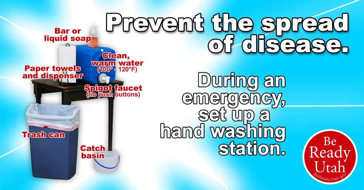 BeReadyUtah's tweet photo. #Prepare for safe emergency hygiene and sanitation: Keep yourself and your living area CLEAN. Have a hand washing station with water, soap, paper towels, and hand sanitizer. Learn about a hand washing station with this video from the #BeReadyBuzz: https://t.co/jU8xLPu7hK. https://t.co/eGh2oTFawl