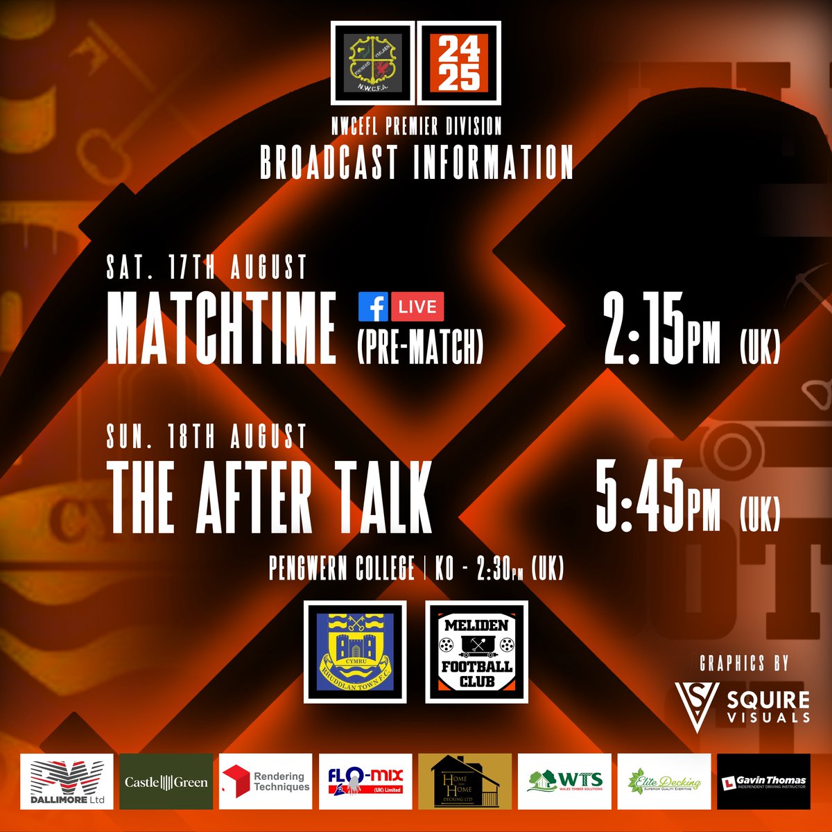 🟠 𝐁𝐑𝐎𝐀𝐃𝐂𝐀𝐒𝐓 𝐈𝐍𝐅𝐎 ⚫️

Here is the schedule for this coming weekend's game against Rhuddlan Town!

Don't forget to send in any questions, thoughts &amp; opinions regarding the previous weekend or the upcoming game for The After Talk!

#UpTheMiners 🟠⚫️