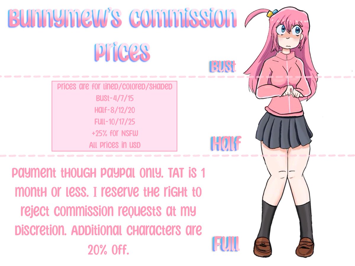 Bunnymew1's tweet photo. New commsion prices.  I recently became less employed, so I'd really appreciate the business 
#Commission #commsions #art #furryartist #commissionsopen #CommissionSheet #digitalartcommissions https://t.co/4OpmBKa9b8