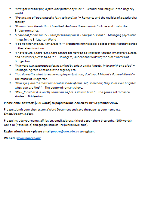 PopCRNPop's tweet photo. #CFP “Love Conquers All”: Exploring the Popular Culture Phenomenon of  #Bridgerton.  

Free online conference 
Abstracts due 30 Sept popcrn@une.edu.au

@CFP_Bot
#bridgertonwatching #polin #popularculture #academictwitter https://t.co/3f0M69Wkeq