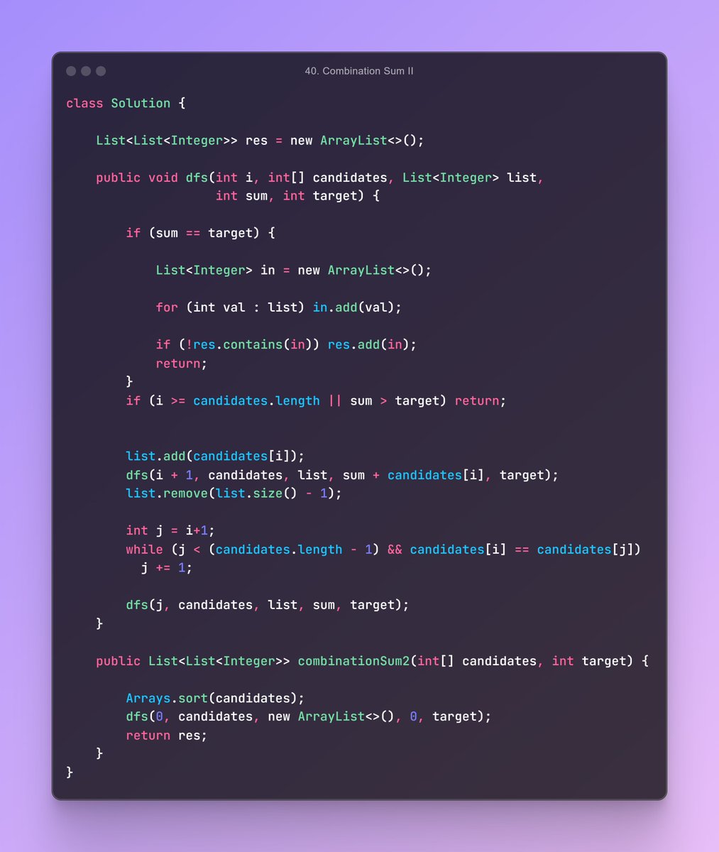 _Sanjay__kumar_'s tweet photo. // August 13, 2024, Tuesday  
// 40. Combination Sum II
#leetcode #Coding_Sanjay #Java #daily_problem https://t.co/NrpkhkxNrX
