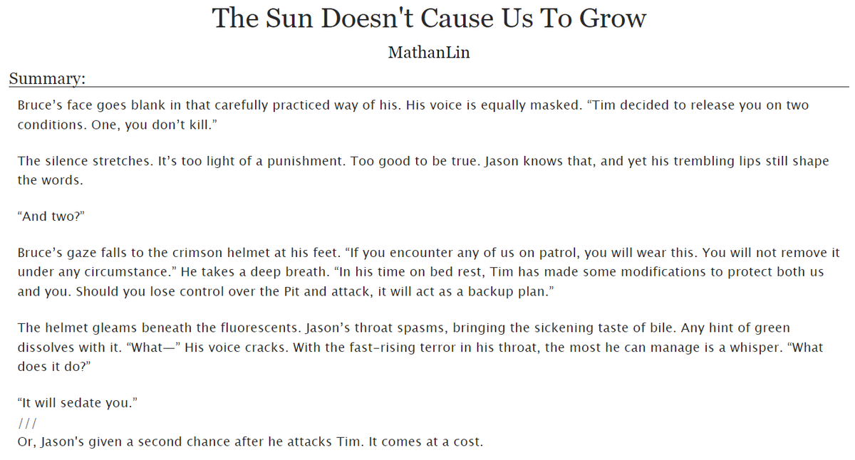 Very, very slowly returning to fic writing. I come with the 1st chapter of a Batfam fic :)
archiveofourown.org/works/58136539…