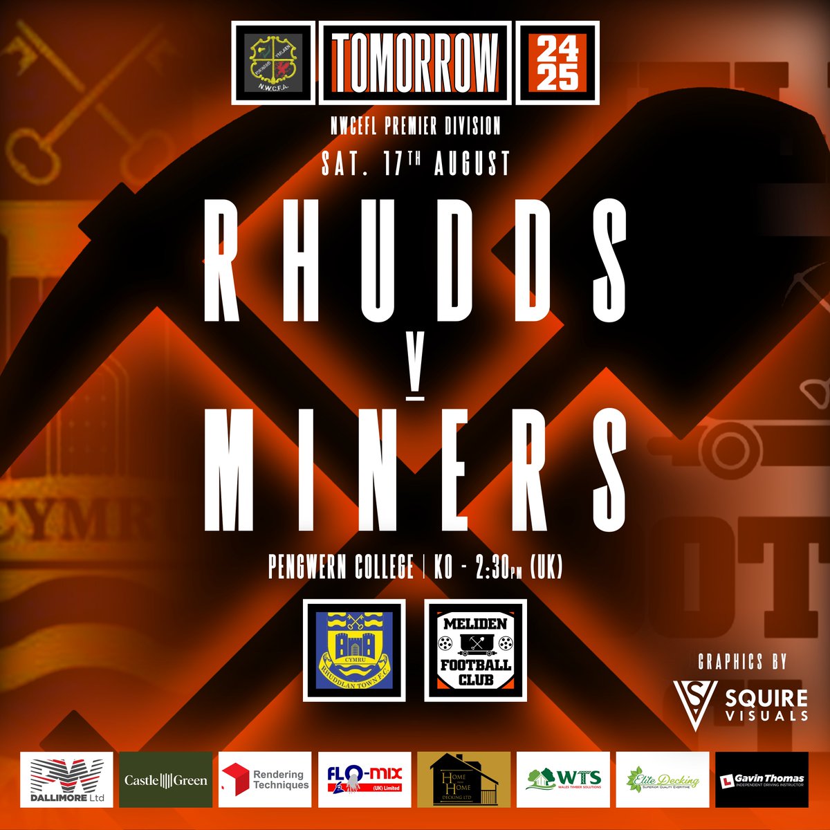 🟠 𝐓𝐎𝐌𝐎𝐑𝐑𝐎𝐖 ⚫️

Tough match in prospect tomorrow!

🆚 <a href="/FcRhuddlan/">Rhuddlan Town FC 🏴󠁧󠁢󠁷󠁬󠁳󠁿</a> 
🏆 NWCEFL Premier Division
🕑 KO - 2:30pm BST
📅 17th August 2024
📍 Pengwern College, Rhuddlan, LL18 5UH

Graphics by <a href="/Squire95/">Squire95 🏴󠁧󠁢󠁷󠁬󠁳󠁿 | Content Creator </a> | <a href="/SquireVisuals/">Squire Visuals</a>

#UpTheMiners 🟠⚫️