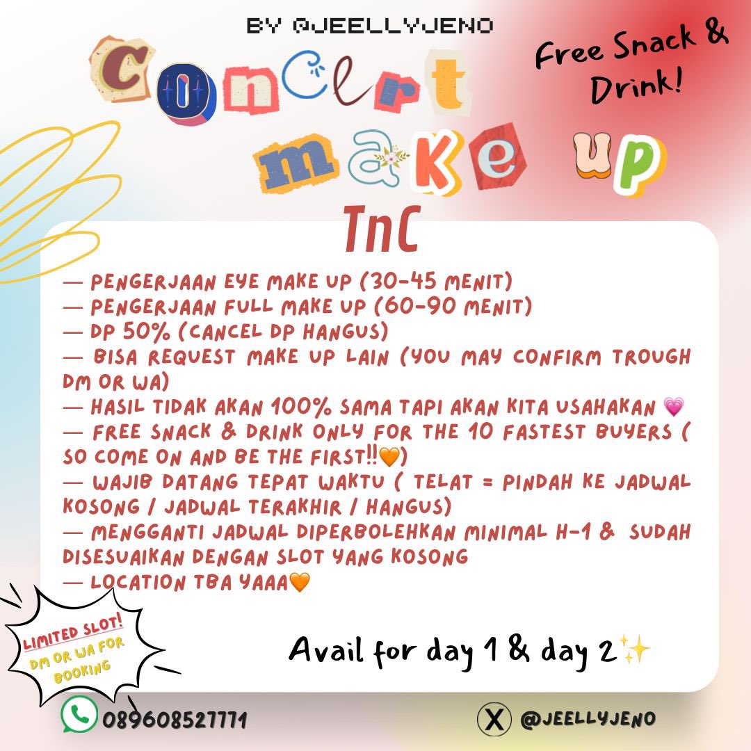 OPEN JASA EYE MAKE UP CONCERT
— KONSER ENHYPEN FATE+ IN JAKARTA —

🧡Eye Make Up start from 35k
🧡Full Make Up 165k
🧡Free Drink &amp; Snack
🧡Booking > 1 person get disc
🧡Booking > 4 person get free 1 person
🧡DM / WA for details💌

#FATEPLUS_IN_JAKARTA #FATE_PLUS_IN_JKT #ENGENE