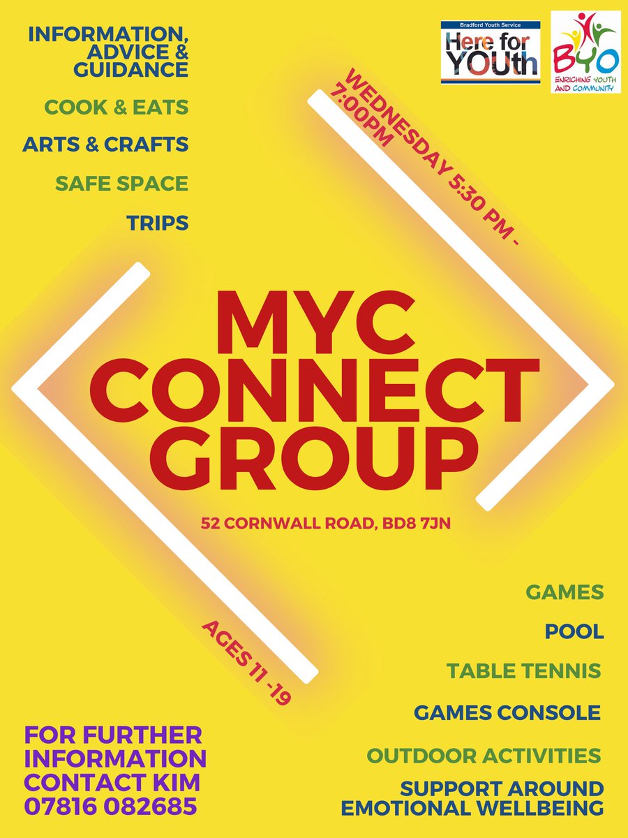 YouthBradford's tweet photo. MYC Connect Group runs every Wednesday 5:30pm till 7pm in Manningham.
A great opportunity to make new friends, learn essential life skills and most importantly have fun. 
Contact Kim on 07816 082685 to book a place. 
#BradfordWest #Connect #youthinmind #mentalhealth #SafeSpace https://t.co/DRpsRHo583