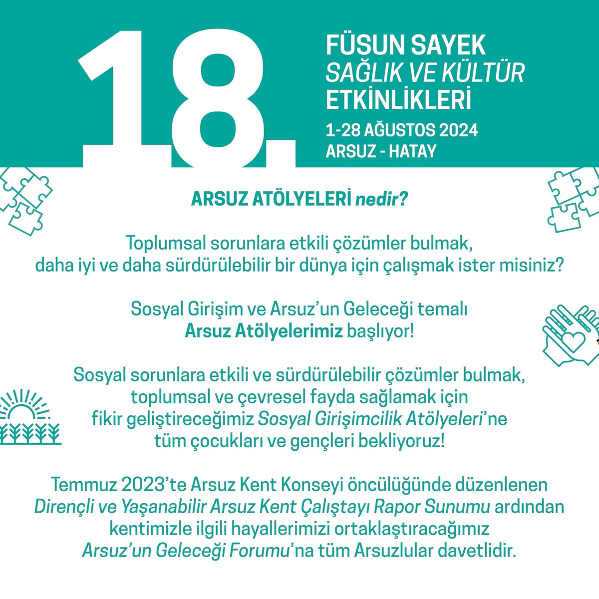 Sosyal Girişim ve Arsuz’un Geleceği temalı Arsuz Atölyelerimiz başlıyor!

Sosyal sorunlara etkili ve sürdürülebilir çözümler bulmak, toplumsal ve çevresel fayda sağlamak için fikir geliştireceğimiz Sosyal Girişmcilik Atölyeleri’ne tüm çocukları ve gençleri bekliyoruz!