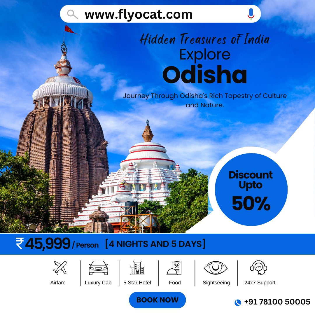 Flyocat's tweet photo. Unveil the hidden treasures of Odisha with FlyOcat! Immerse yourself in the rich culture and natural beauty of this incredible state. Enjoy up to 50% off on our exclusive package starting at ₹45,999. 🏯🌳 #Odisha #CulturalHeritage #FlyOcat #odishatourism #odisha #package #careit https://t.co/szaLghqP2I
