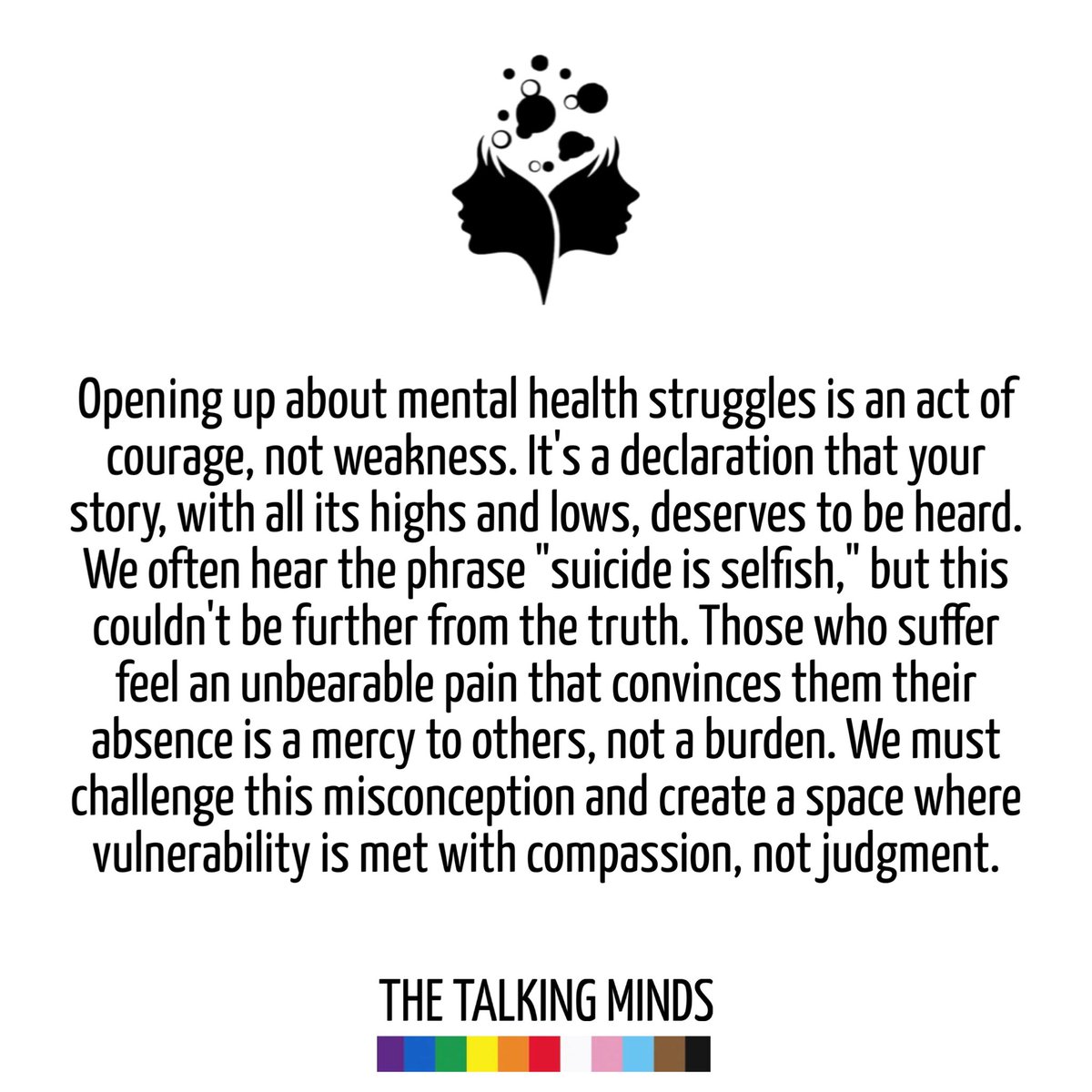 Speaking out about mental health isn’t weakness—it's strength. Suicide isn’t selfish; it's the result of overwhelming pain. Let’s create a world where vulnerability is met with compassion, and no one has to struggle alone.💙 #MentalHealthMatters |#BreakTheStigma | #EndTheSilence