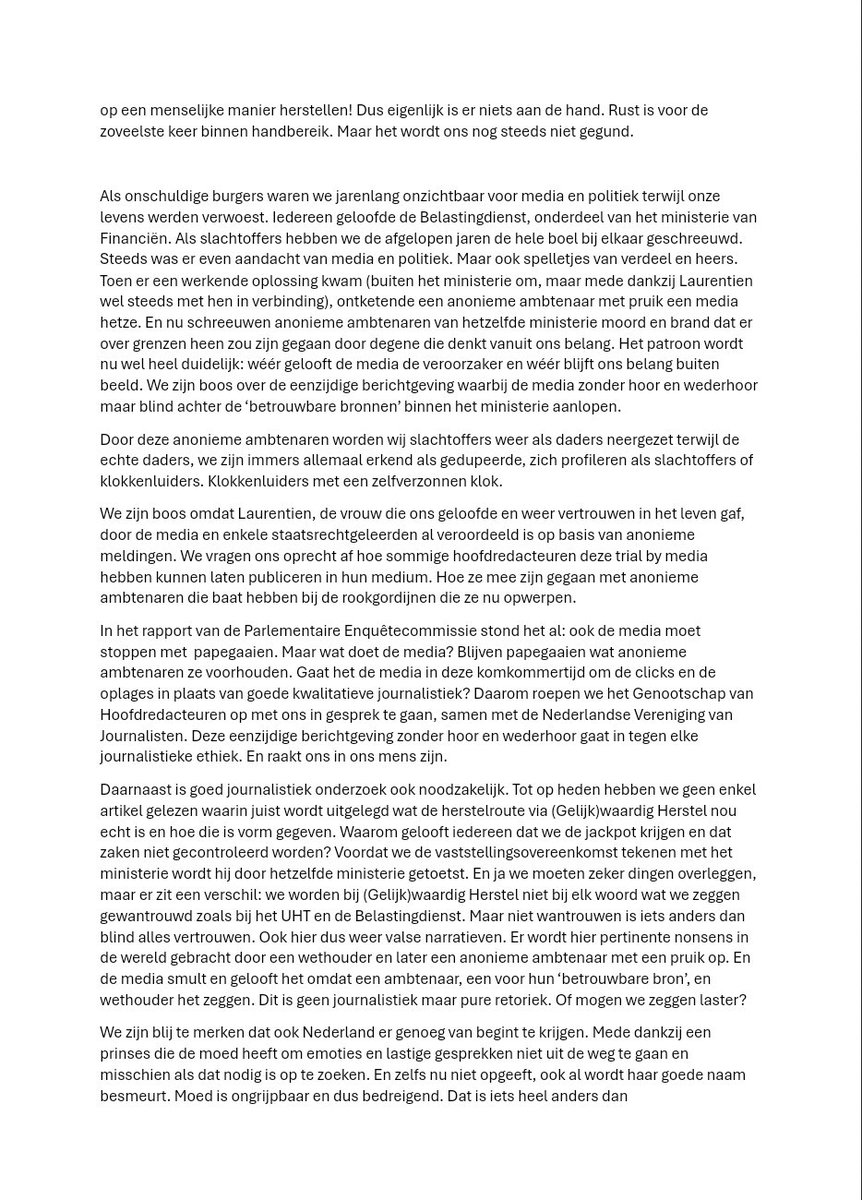 #OpenBrief aan de <a href="/2eKamertweets/">Tweede Kamer</a> @Stas_TD <a href="/MinPres/">Dick Schoof</a> <a href="/Belastingdienst/">Belastingdienst</a> <a href="/IGJnl/">Inspectie Gezondheidszorg en Jeugd</a> @Jeugdzorgned <a href="/Financien/">Ministerie van Financiën</a> <a href="/dpgmedia_nl/">DPG Media</a> <a href="/RTLnieuws/">RTL Nieuws</a> <a href="/HartvNL/">Hart van Nederland</a> <a href="/NOS/">NOS</a>  <a href="/telegraaf/">De Telegraaf</a> <a href="/volkskrant/">de Volkskrant</a> <a href="/trouw/">Trouw</a> <a href="/ADnl/">AD.nl</a> <a href="/parool/">Het Parool</a> <a href="/nrc/">NRC</a> <a href="/avrotrosradar/">Radar</a> <a href="/MensenrechtenNL/">College voor de Rechten van de Mens</a> <a href="/RechtspraakNL/">Rechtspraak</a> <a href="/RaadvanState/">Raad van State</a>
👇🏼
 #herstelschandaal