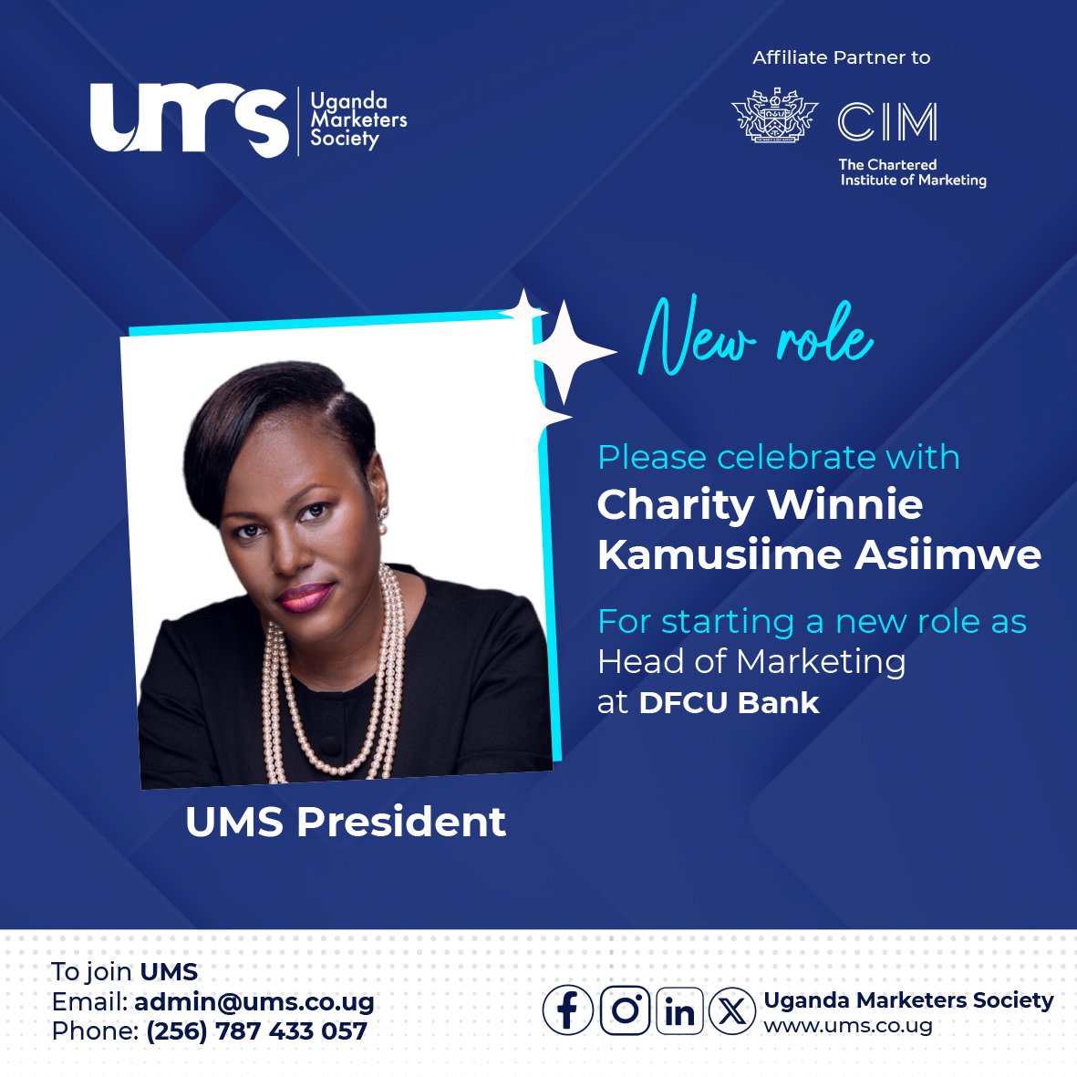 UMS_Marketer's tweet photo. ⭐#CelebratingMemberAchievements!

Congratulations to UMS President Charity Winnie Kamusiime - Asiimwe (DipM,MCIM) @ckamusic on her new role as Head of Marketing at @dfcugroup Bank

Click to Read more; https://t.co/uIG4PVKXMy https://t.co/zKdlFdZsPh