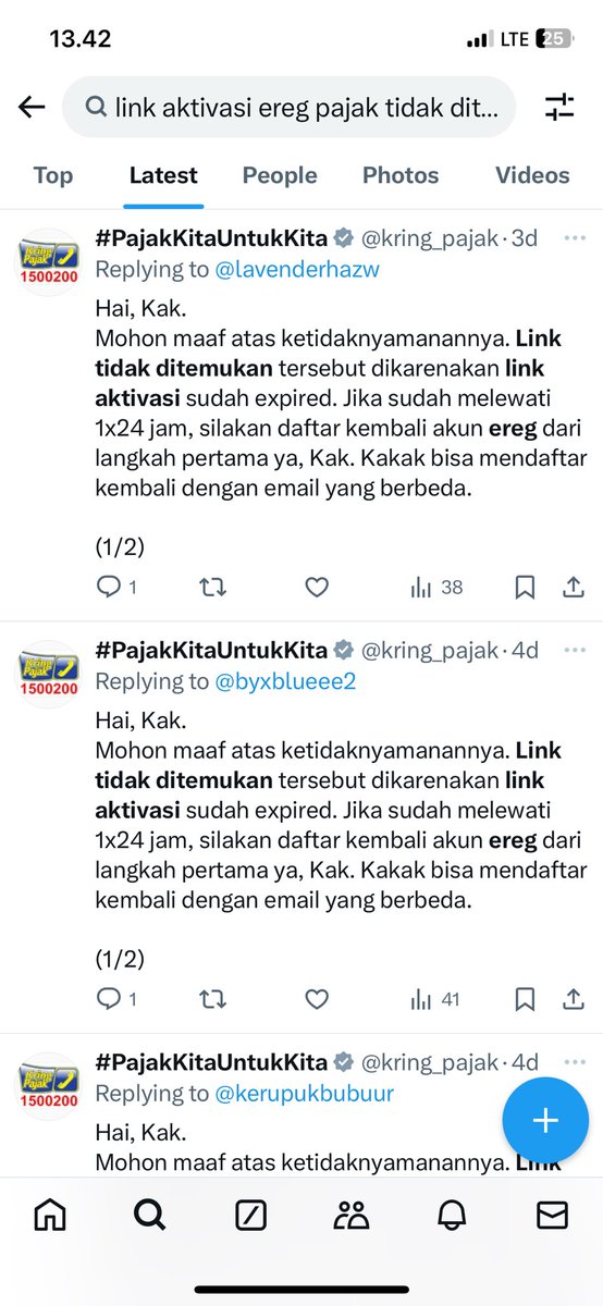 cepeturuan's tweet photo. ternyata banyak yg sama untuk masalah link aktivasi tidak ditemukan, jawaban adminnya link expired padahal email baru masuk sedetik langsung kubuka. tetep aja link tidak ditemukan @kring_pajak https://t.co/Jsu6WcuCXw