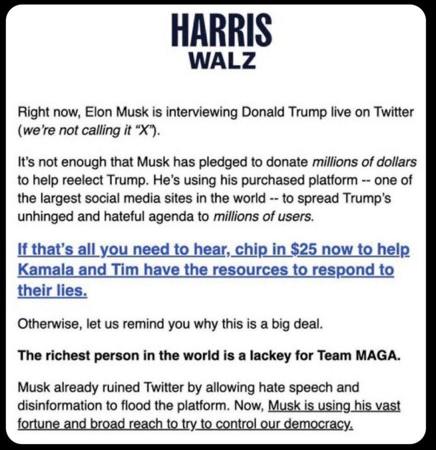 IsraMum's tweet photo. @elonmusk @realDonaldTrump Waiting for @elonmusk's conversation with @KamalaHarris , and for the inevitable comparison.
He invited her, but apparently the invitation got lost in the mail. So he just invited her again. https://t.co/Tarhstwd5i