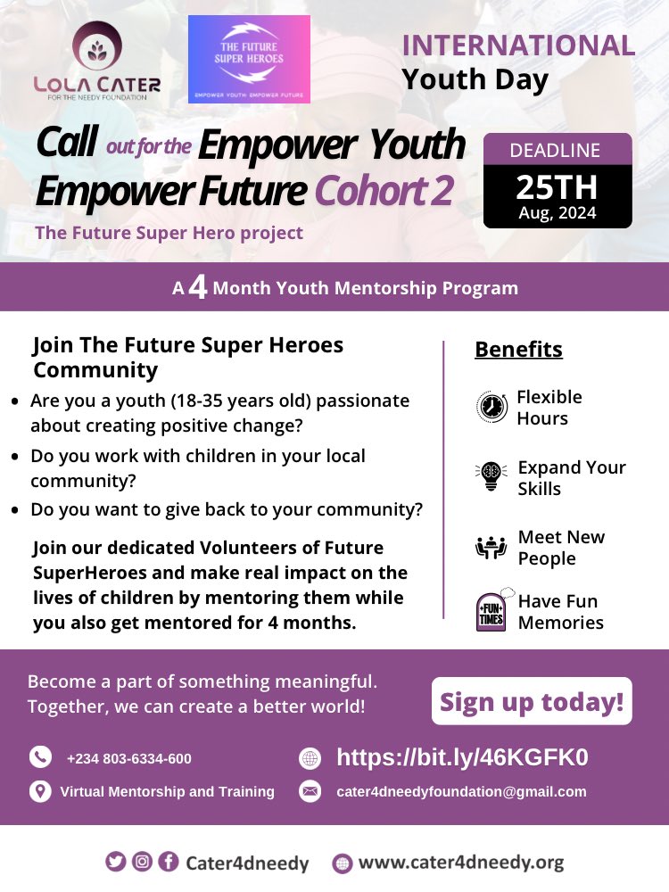 LolaCaterF's tweet photo. Hurray
We have got good news.
The CALL for Empower Youth; Empower Future cohort 2 is out 💃.
Do you want to mentor The Future Superheroes of our time?
Then sign up now
Registration link
https://t.co/Zw7DdxH2ql
Concept note
https://t.co/qeOawEQWLi.
#LC4NF
#EYEF
#FSH https://t.co/BXGVlgRiN0