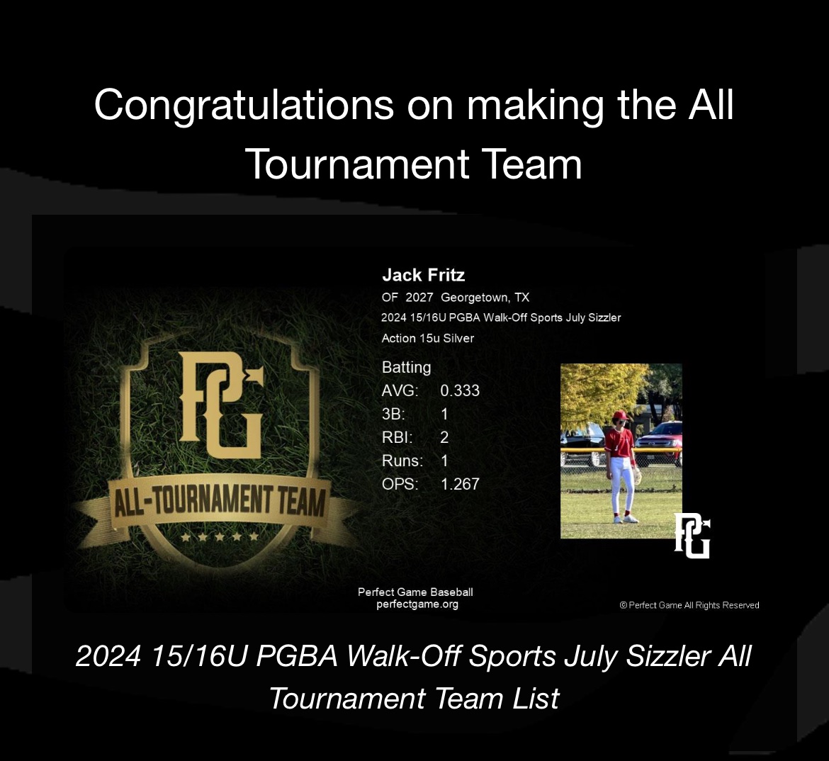 Jack Fritz (@jackfritzbball3) on Twitter photo Thank you to <a href="/Texas_PG/">Perfect Game Texas</a> for putting me on the all tournament team.
<a href="/HillCoHardball/">Hill Country Baseball</a>
<a href="/ActionBaseball/">Action Baseball Club</a> Thank you to <a href="/Texas_PG/">Perfect Game Texas</a> for putting me on the all tournament team.
<a href="/HillCoHardball/">Hill Country Baseball</a>
<a href="/ActionBaseball/">Action Baseball Club</a>