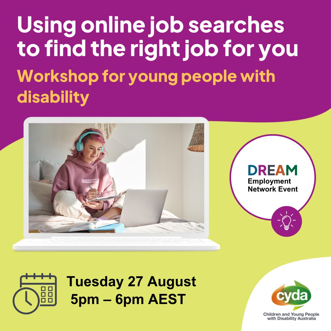 Looking for a job that matches your passions? Our free workshop for young people with disability is all about mastering online job searches to help you find your dream gig. 

Register here: tinyurl.com/4hyauk2y 

#DREAMEmploymentNetwork #JobSearch #InclusiveEmployment