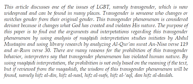 Qist_Journal's tweet photo. Aswindasari, Aliffia, and M. Marhamah. “RESPONSE OF THE #QURAN TO THE #TRANSGENDER PHENOMENON STUDY OF #MAQASHIDI’S INTERPRETATION.” QiST: Journal of Quran and Tafseer Studies, vol. 3, no. 2, May 2024, pp. 281–302. https://t.co/WDMb7bSnRx, https://t.co/ehWKPk9KDV. https://t.co/mPqE03jBcP