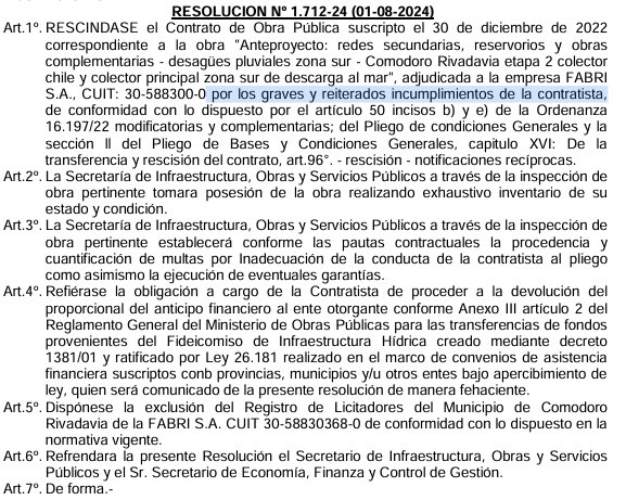 adatasur's tweet photo. Se va el Día 2.693 en #ReconstrucciónComodoro...

#ObrasHídricas
En #BO municipal de hoy se publica la Resolución que rescinde el contrato de la Etapa 2 en Zona Sur "por los graves y reiterados incumplimientos de la contratista"
Se excluye a #FabriSA del Registro de Licitadores. https://t.co/soDu52BoxO