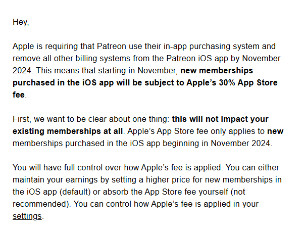 EricFactorTrace's tweet photo. An email from Patreon I got today.
Why does Apple need to scam their users so much? 30% fee is ridiculous for a monthly subscription model.
Wake up Apple fanboys, this is not okay! https://t.co/nr941OiOiz