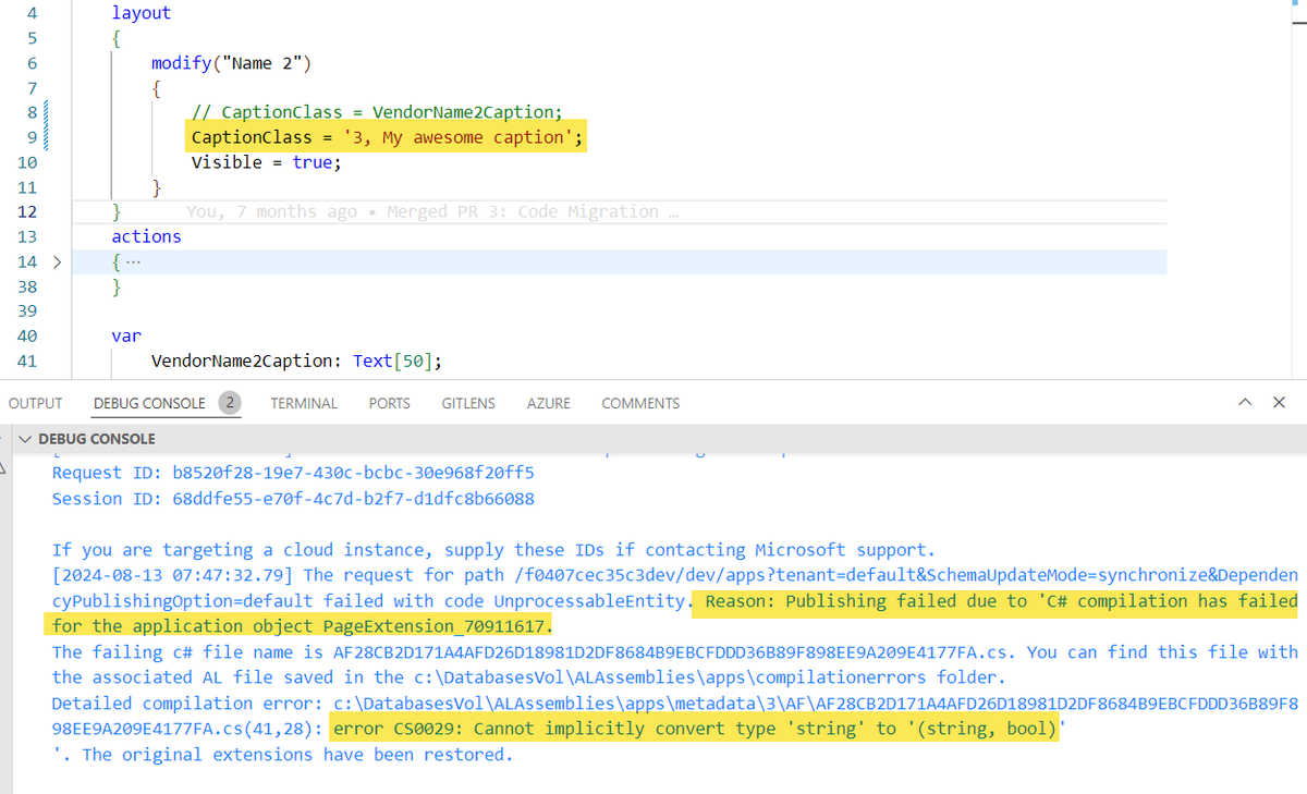 steveendow's tweet photo. #BCALHelp

Our NextMajor pipelines are failing on expressions that assign to CaptionClass.

Our piplines run fine on Current and NextMinor.

The error occurs using the simple example from Docs below.

Anyone else seeing this issue?

#MSDyn365BC https://t.co/p8rUG1rvmj