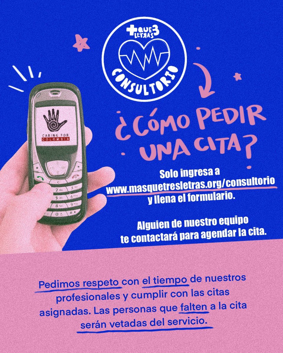 Personas con #VIH en Colombia 🇨🇴 que necesiten atención profesional humanizada de manera virtual gratuita pueden solicitarlo gracias a <a href="/Caring4Colombia/">Caring for Colombia Foundation</a> en masquetresletras.org/consultorio 🫰🏽

Tenemos psicólogos, abogados, médicos, químicos farmacéuticos y nutricionistas.