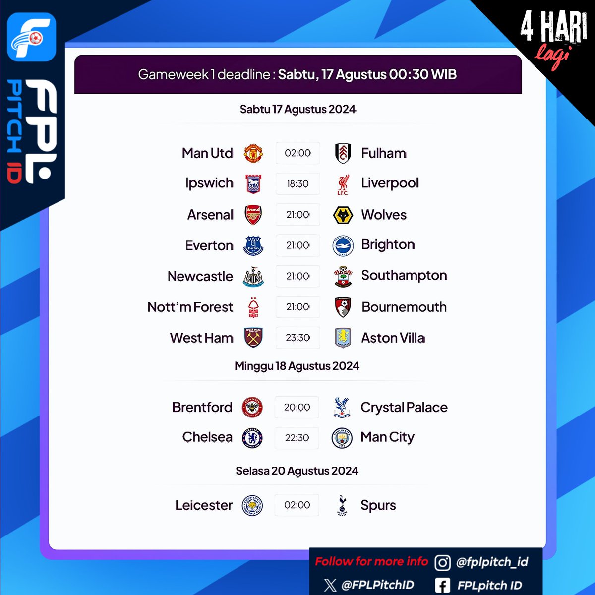 FPLPitchID's tweet photo. 4 HARI LAGI Gameweek 1 deadline..!!

🎉 Yuk, Gabung di Turnamen FPL PITCH ID X ASIALIVE88! 🎉

🔗 Daftar GRATIS di: https://t.co/7TO0osORLs

#FPL2024 #FPLPitchID #ASIALIVE88 #FantasyPremierLeague #TurnamenFPL #MenangkanHadiah #LebihDari100Pemenang https://t.co/eJWC9oMCmr