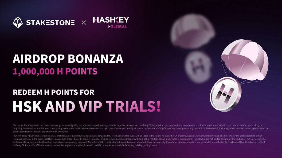 Stakestone x Hashkey Global airdrop bonanza - Giving away 1 Million H Points

💰 Prizes (H Points)
1st prize x 1 =  200,000 
2nd prize x 2 = 100,000  each
3rd prize x 10=   10,000 each
4th prize x 50=     2,000  each
5th prize x 1000=    400 each

To join:
1️⃣ Follow <a href="/Stake_Stone/">StakeStone</a>,