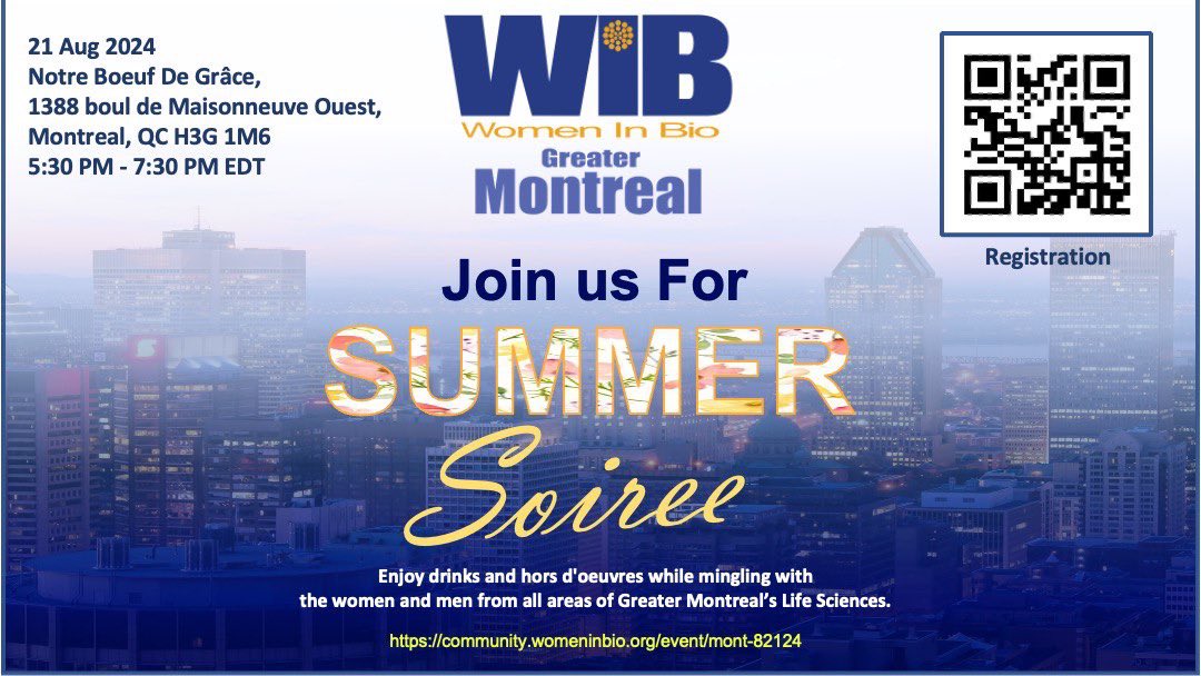 Join WIB-Greater Montreal in our last ode to #summer 2024 with an after-work cocktail party hosted on a beautiful, private courtyard patio downtown. 

 In case of inclement weather, the event will be held indoors.

Register here :

 lnkd.in/g93wKqEK