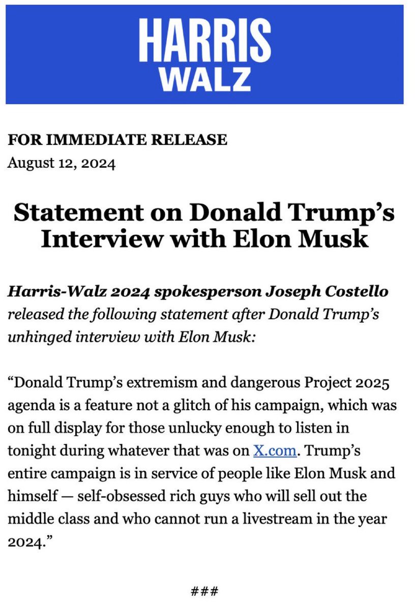 BOOM! The Harris Walz campaign just released THIS statement in response to Trump’s unhinged interview with Elon Musk tonight and it is fantastic! Share this everywhere!