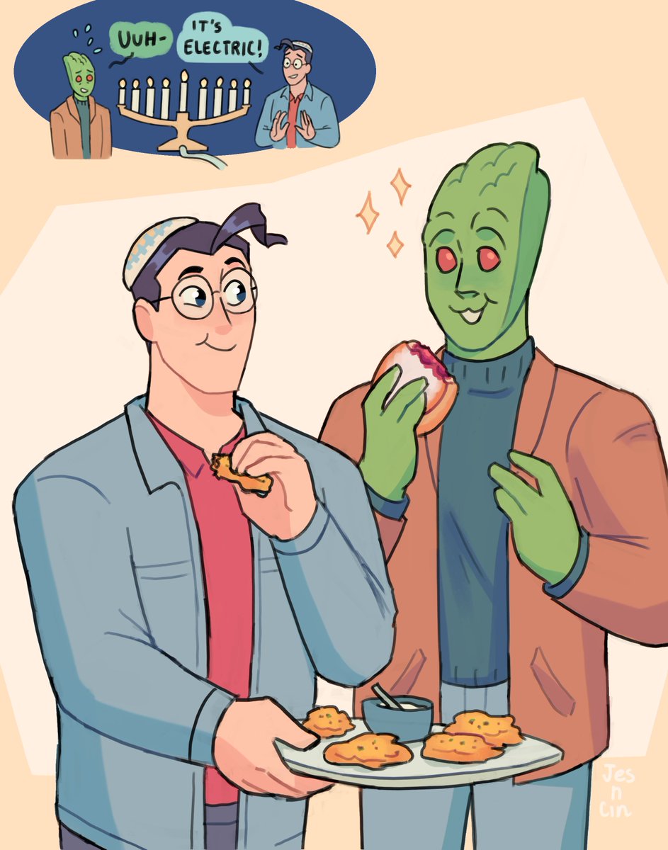 JesnCin's tweet photo. Superman and Martian Manhunter celebrating Hanukkah together 🕎💚 for @dcforgaza ! 
Thanks for donating and giving me life with this prompt!! 👽 https://t.co/sXTLjpGydg