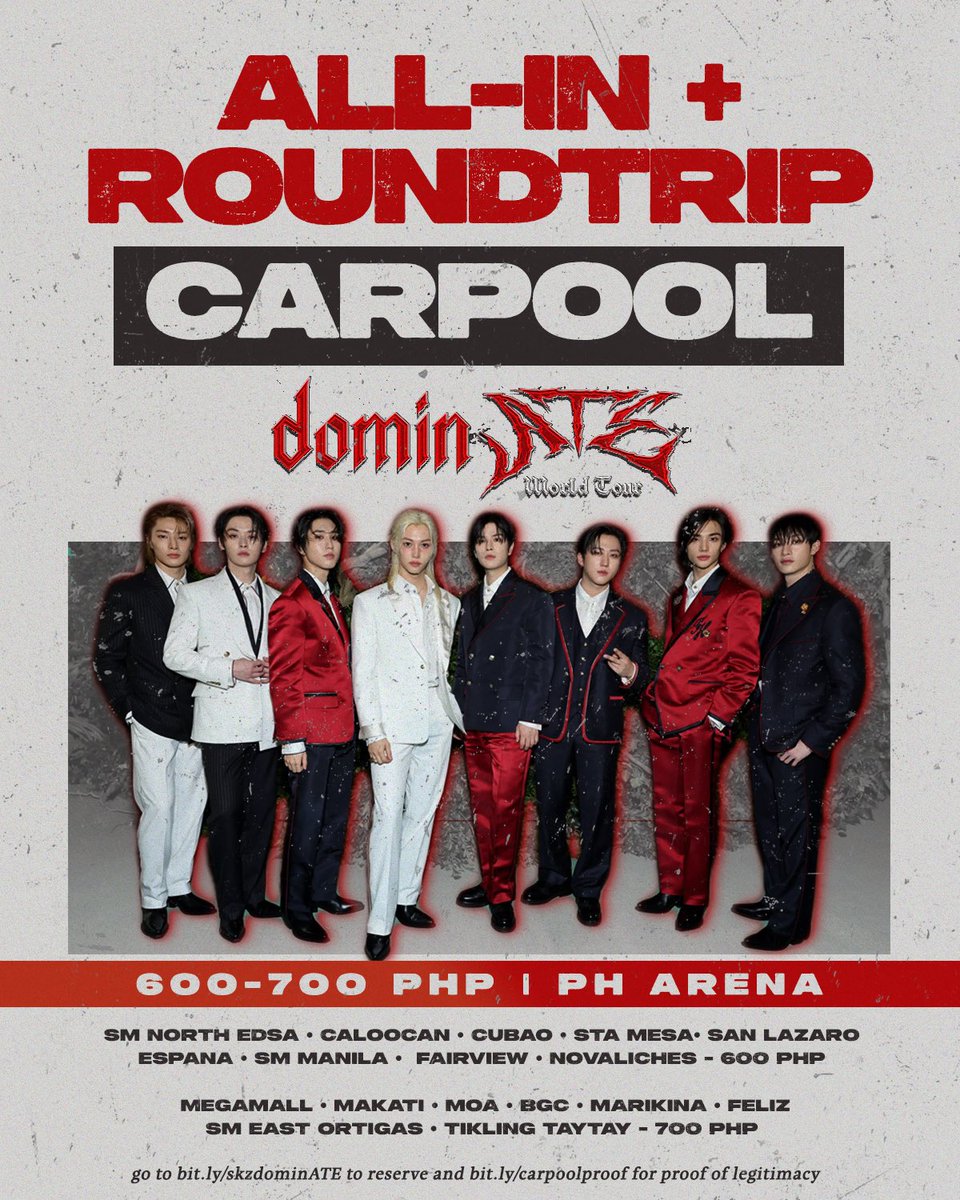losernica's tweet photo. ALL-IN ROUNDTRIP CARPOOL FOR STRAY KIDS WORLD TOUR dominATE BULACAN

📍sm north cubao caloocan espana manila san lazaro sta mesa novaliches fairview megamall makati moa bgc marikina feliz ortigas tikling taytay
🚐 https://t.co/13b8dBAfRm

⌗ wts legit #dominATE_BULACAN #SKZinPH https://t.co/wQOVD7C5qG