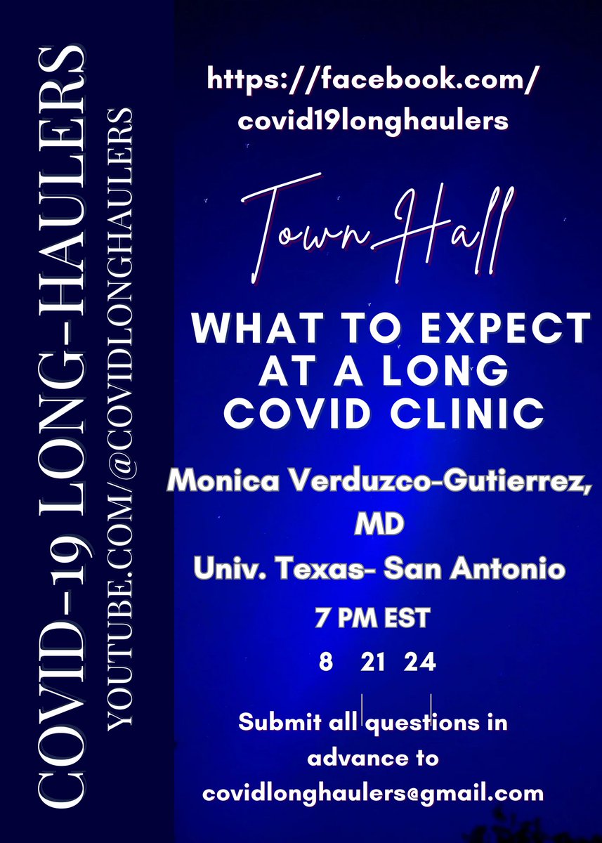Join us next Wed, Aug 21 at 7 pm EST for a discussion with <a href="/MVGutierrezMD/">Monica Verduzco-Gutierrez, MD</a> on what to expect at a long COVID clinic. 
Live: facebook.com/covid19longhau…
Later: YouTube.com/@covidlonghaul… 

Please submit all questions in advance to covidlonghaulers@gmail.com.